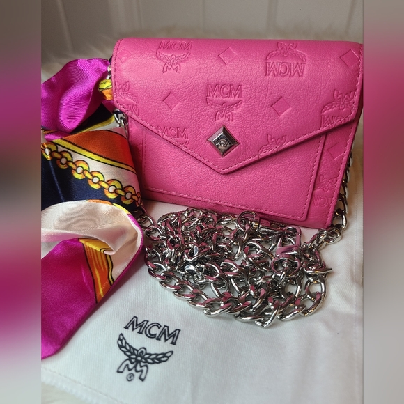 MCM Handbags - MCM PINK TRIFOLD LOGO SPLASH WALLET WITH CHAIN AND SCARF